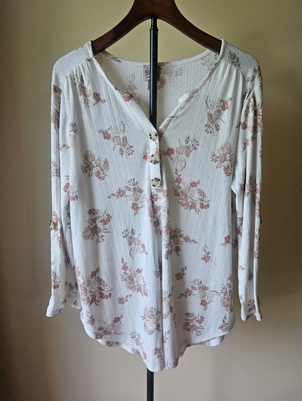 Como Vintage Cream Button-Front Top with Pink Floral Print Size XL